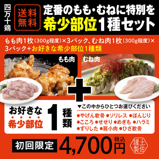 四万十鶏　定番のもも・むねに特別を 希少部位１種セット【初回限定送料無料】【お一人３個まででお願いします】